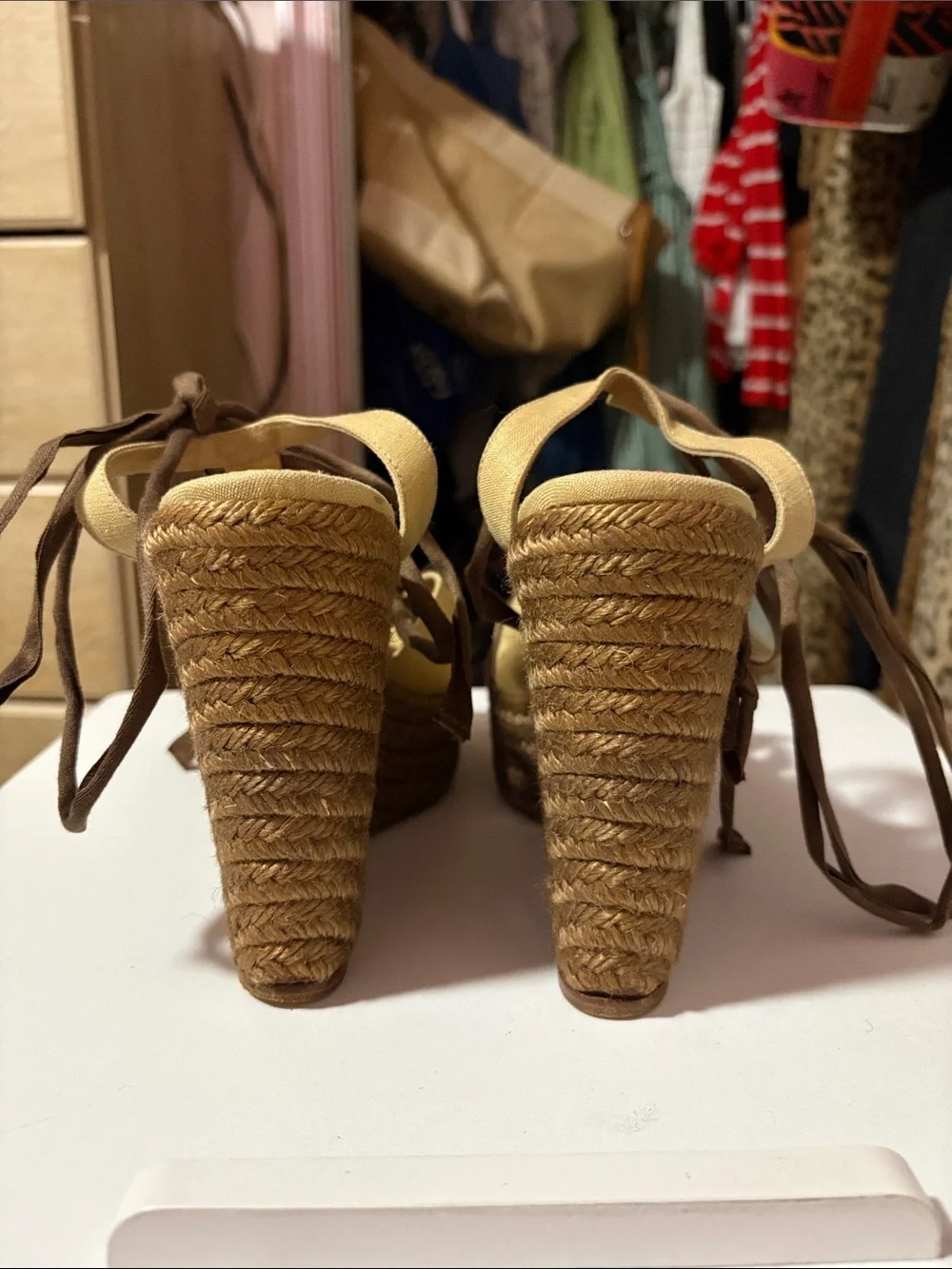 Christian Louboutin Beige and Brown Canvas Espadrille Wedge Sandals